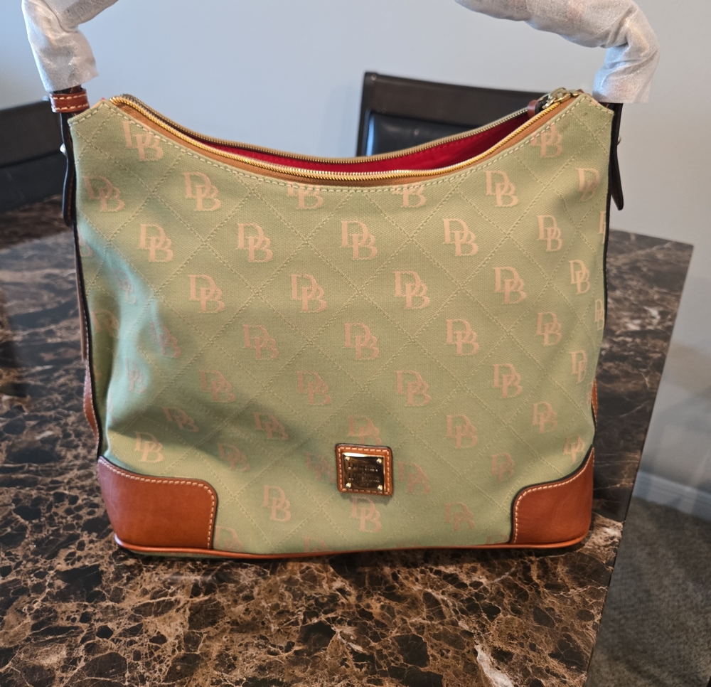 Dooney & Bourke Light Green DB Logo Shoulder Bag with Brown Trim